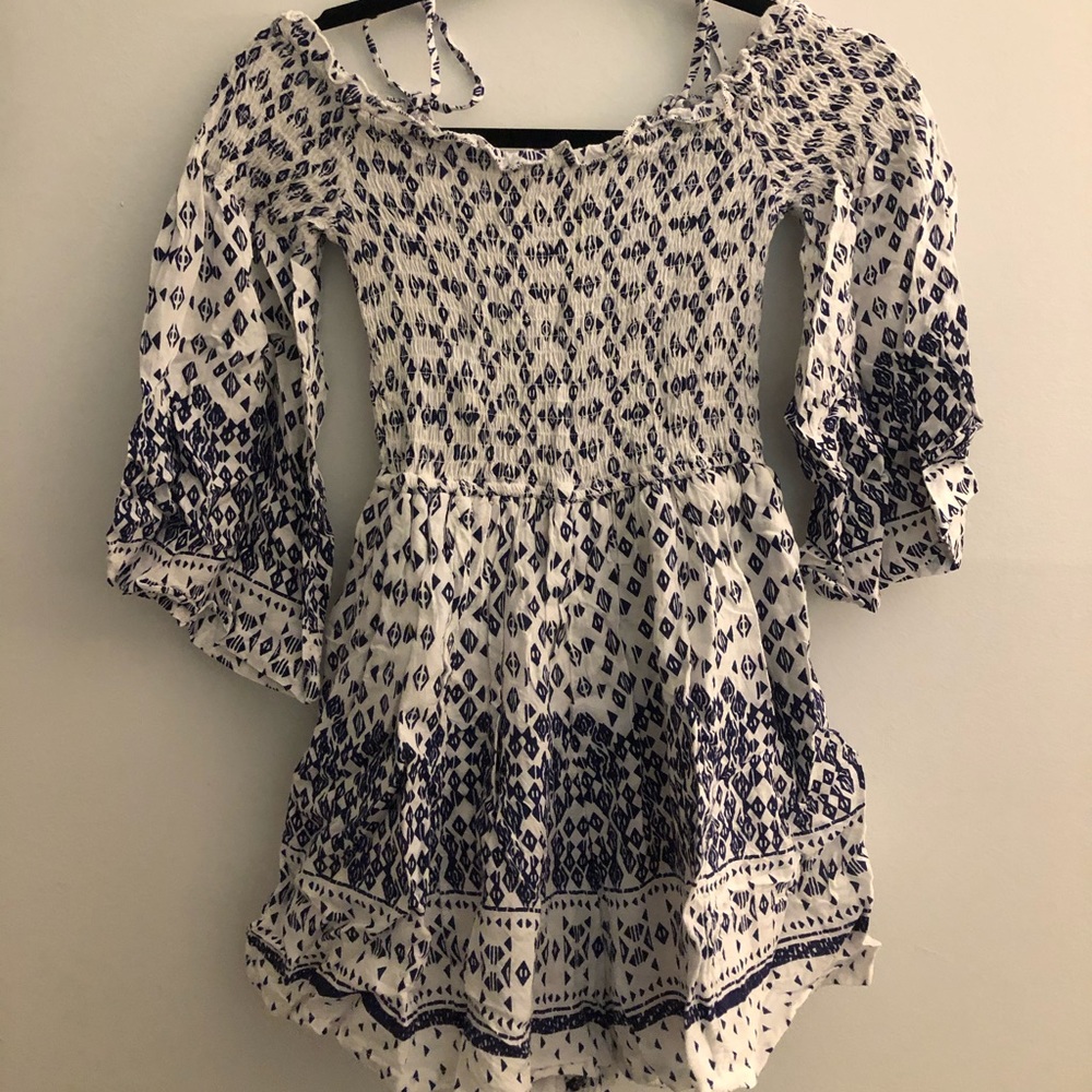 Blue And White Romper With Bell Sleeves